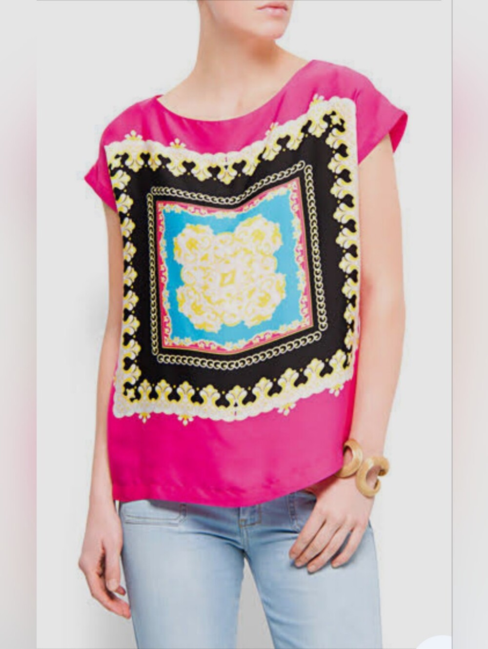 Eloquii Bright Pink Printed Boxy Tunic Top with Baroque Medallion By The Limited